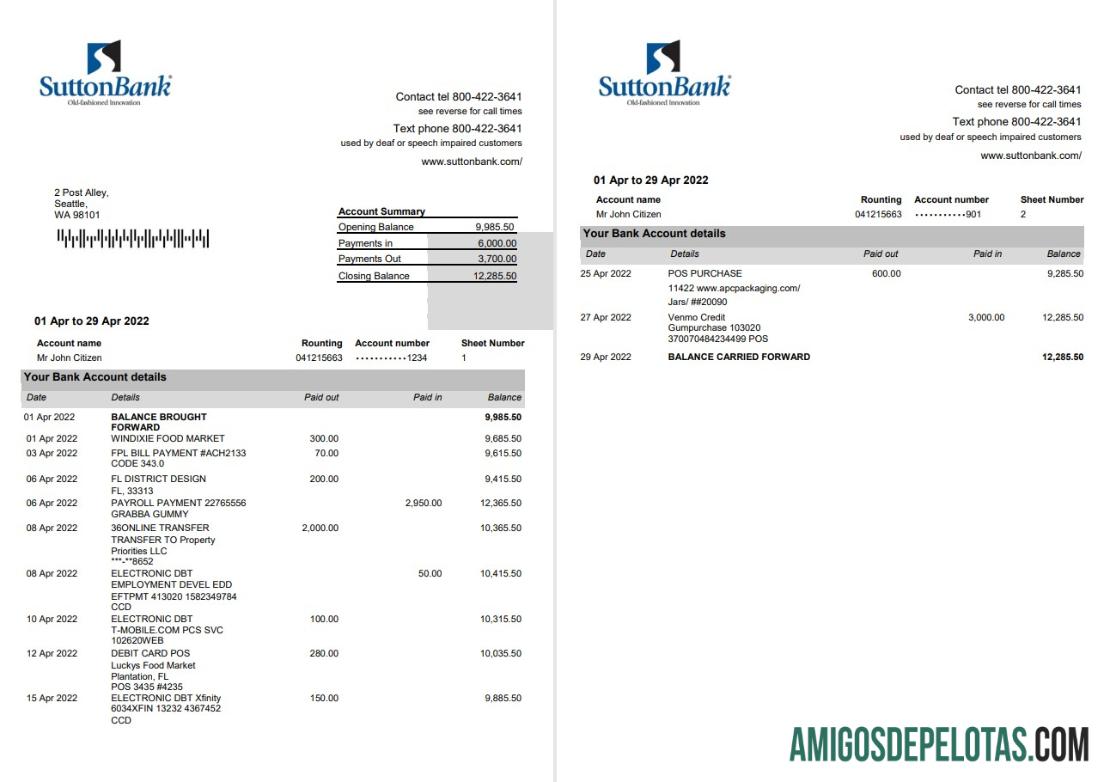 Exemplo de extrato bancário de Sutton dos EUA com 2 páginas